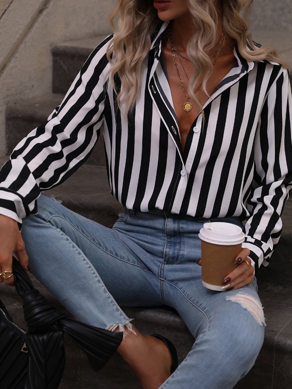 Black and White Casual Women's Vertical Striped Button Up Shirt